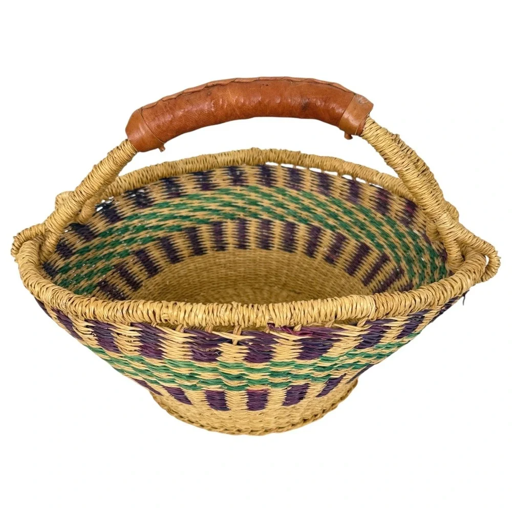 African Bolga Market Basket Handwoven Ghana Tote Leather Handle Large 12